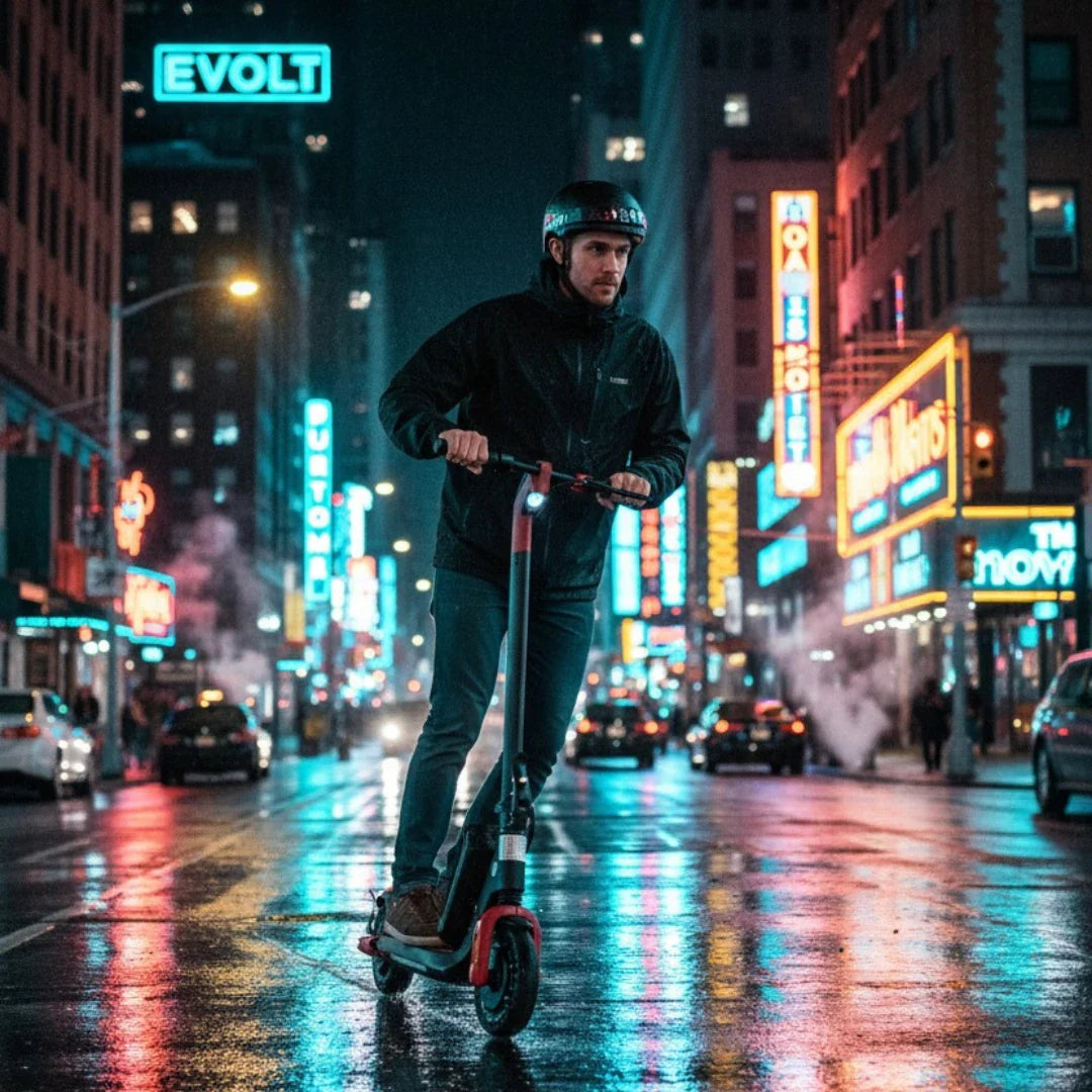 Na sliki je električni skiro model "Eco Speed Mini". Zasnova skiroja je kompaktna in moderna, kar omogoča enostavno vožnjo po mestnih ulicah. Oseba, ki vozi skiro, nosi čelado in se nahaja na mokri cesti, obkrožena z osvetljenimi reklamami in stavbami, kar ustvarja dinamično urbano vzdušje.