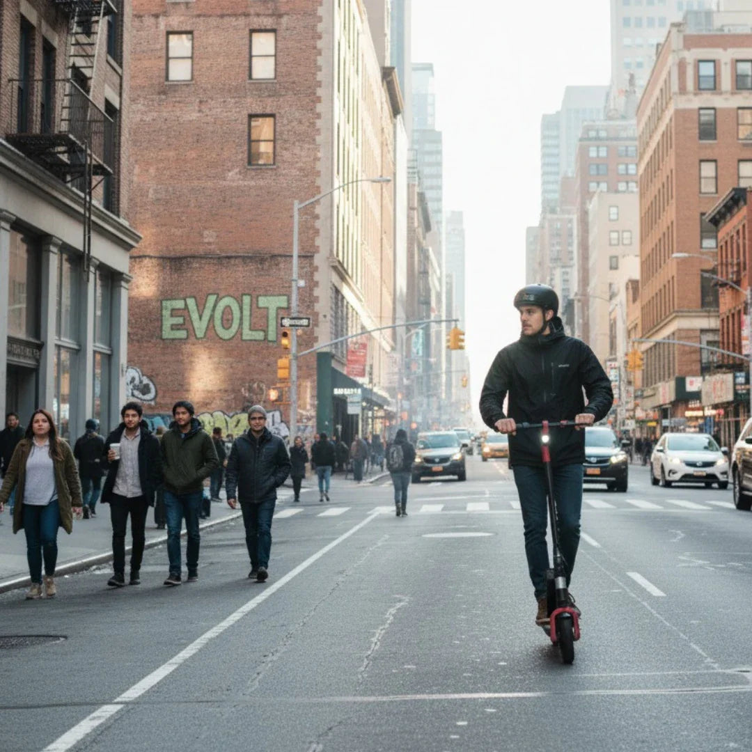 Na sliki je električni skiro, model Eco Speed Mini. Vidimo moškega, ki vozi skiro po mestni ulici, obdanega z drugimi pešci in avtomobili. Oblečen je v črno jakno in čelado, kar nakazuje na varno vožnjo. V ozadju so mestne zgradbe in grafiti na stenah, kar daje sliki urbano vzdušje.