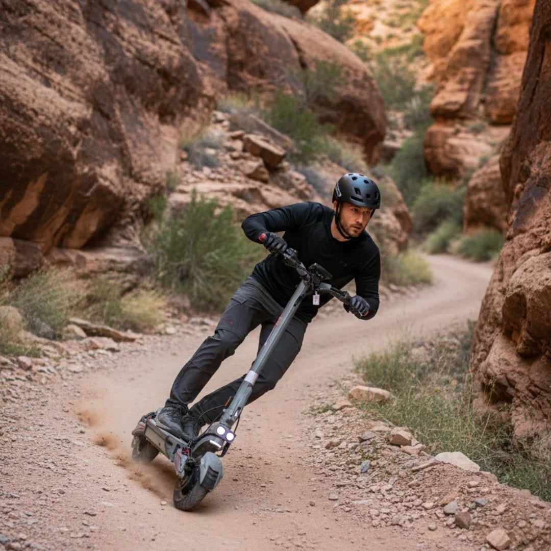 Izdelek na sliki je električni skiro, model Eco Speed 10X V2. Na sliki je moški, ki vozi skiro po neurejeni poti med skalami, oblečen je v črno športno obleko in čelado. Skuter ima široka kolesa in luči, kar nakazuje na njegovo primernost za vožnjo po različnih terenih. V ozadju so vidne naravne skale in rastlinje.