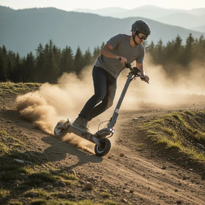 Izdelek na sliki je električni skiro, model Eco Speed 10X V2. Na fotografiji je vidna oseba, ki vozi skiro po prašni poti v naravi, obdan z gozdnatim okoljem in gorami v ozadju. Oseba nosi zaščitno čelado in očala, kar kaže na aktivno in adrenalinsko vožnjo. Prah se dviga okoli koles, kar dodatno poudarja dinamičnost trenutka.
