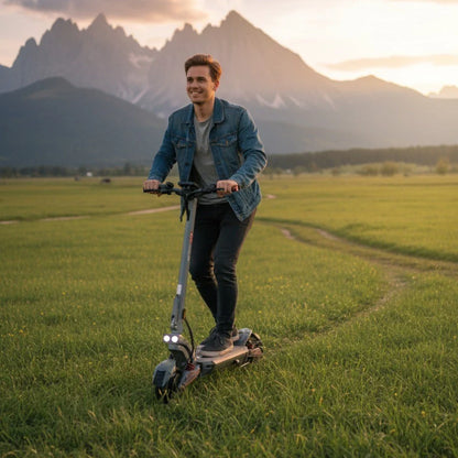 Na sliki je električni skiro model Eco Speed 10X V2. Zasnova skiroja vključuje svetila spredaj, kar povečuje varnost pri vožnji. Oseba na skiroju se vozi po travnati površini, v ozadju pa so vidne gore in sončni zahod, kar ustvarja slikovit naravni ambient.