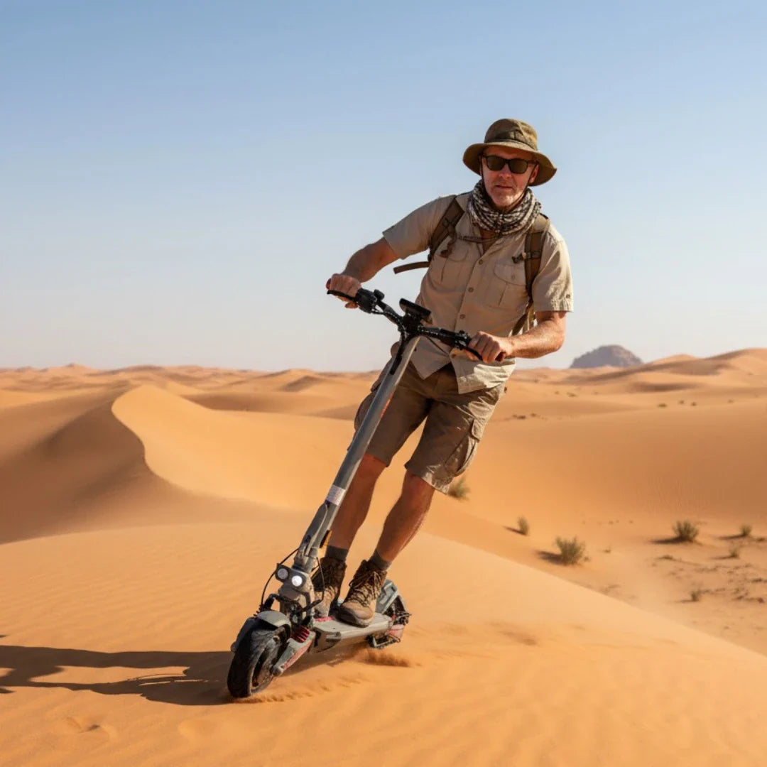 Na sliki je električni skiro, model Eco Speed 10X V2. Zasnova skiroja je moderna in robustna, kar je vidno v njegovi konstrukciji. Oseba, ki ga vozi, je oblečena v udobna oblačila za aktivnosti na prostem, kar nakazuje na avanturistično naravo uporabe skiroja. Ozadje prikazuje peščene sipine, kar dodatno poudarja, da je skiro primeren za vožnjo v različnih terenih.