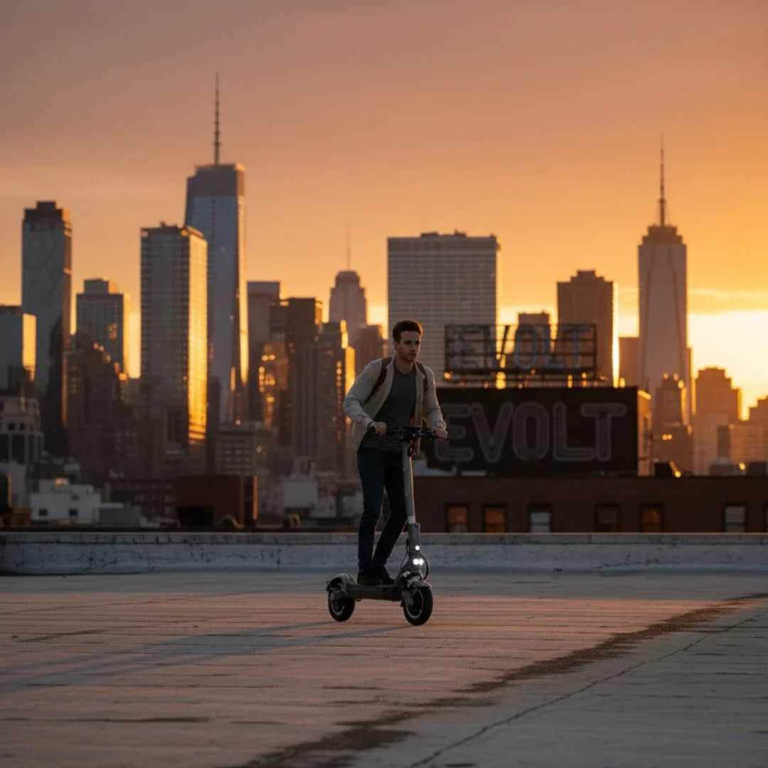 Na sliki je prikazan električni skiro, model Eco Speed 10X V2. Oseba vozi skiro po ravni površini, v ozadju pa je mestna panorama z visokimi stavbami in sončnim zahodom. Skira ima moderno obliko in je opremljen z lučmi, kar nakazuje na njegovo uporabnost tudi v slabših svetlobnih pogojih.