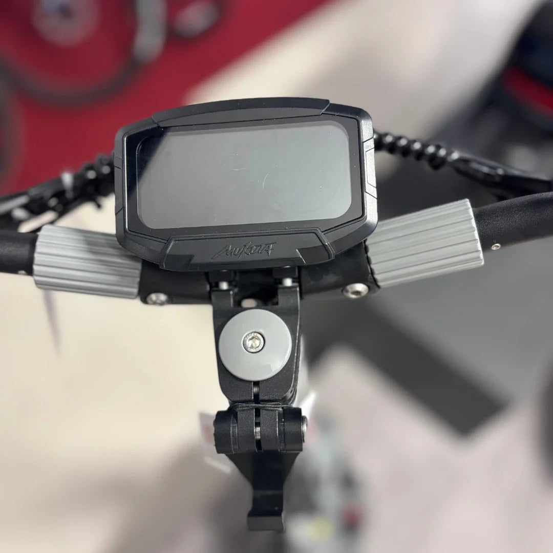 Na sliki je električni skiro model "Eco Speed 10X V2". Vidna je krmila s prikazovalnikom, ki je zasnovan za prikaz različnih informacij med vožnjo. Na ročajih so nameščene gumirane površine za boljši oprijem. Ozadje prikazuje del prodajnega prostora, kar nakazuje, da gre za izdelek v trgovini.