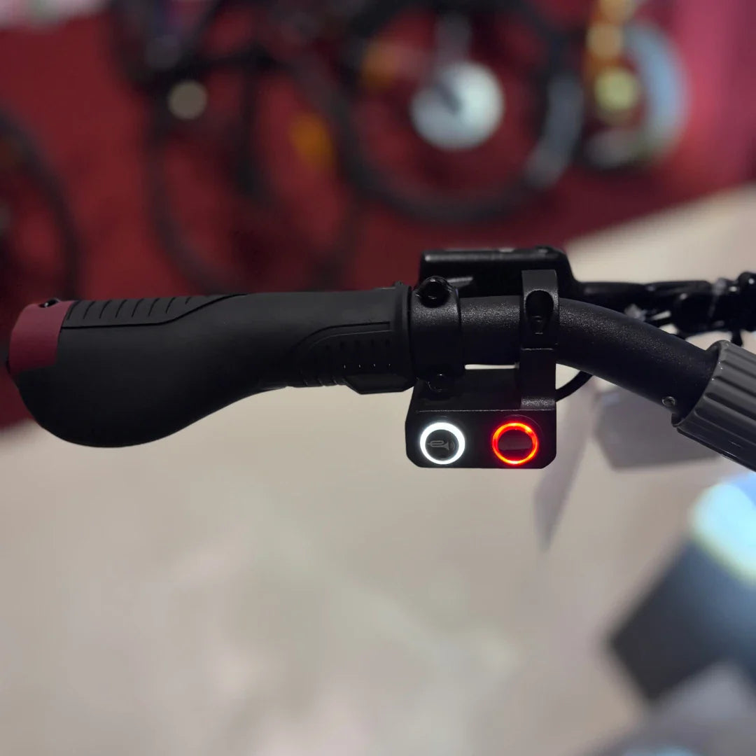 Na sliki je prikazan električni skiro, model Eco Speed 10X V2. Vidna je ročica za upravljanje, ki ima ergonomski dizajn, ter gumbi za vklop in izklop, ki sta označena z rdečo in belo barvo. Ozadje slike je zamegljeno, kar nakazuje, da je skiro postavljen v okolju, kjer so prisotni tudi drugi kolesarski izdelki.