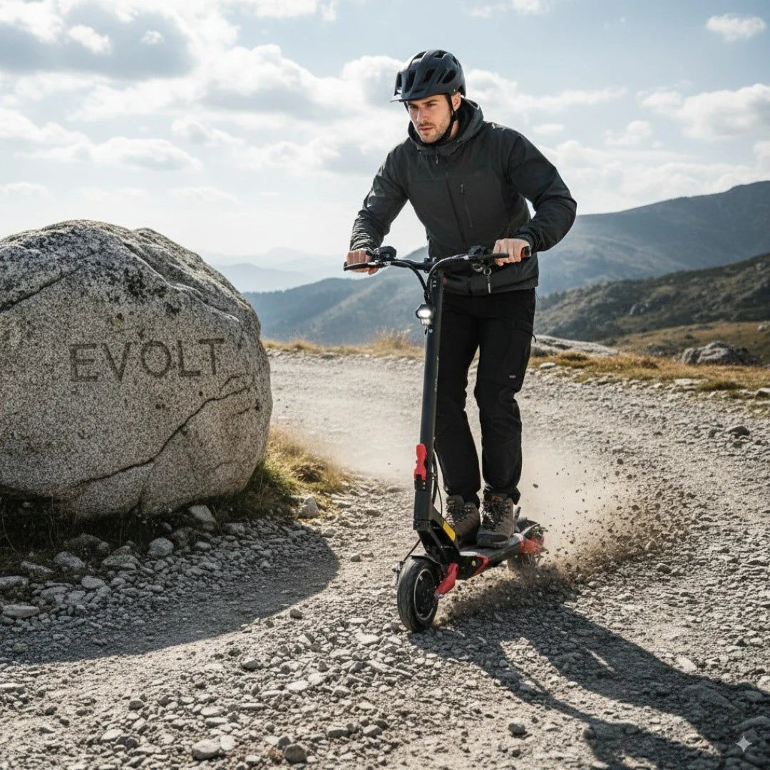 Na sliki je električni skiro model Eco Speed 9, znamke Evolt. Oseba na skiroju se vozi po makadamski poti v naravi, obkrožena z gorami in naravno pokrajino. Opremljena je s čelado in športno obleko, kar nakazuje na aktivno in varno vožnjo. V ozadju je vidna skala z izpisanim imenom "Evolt".