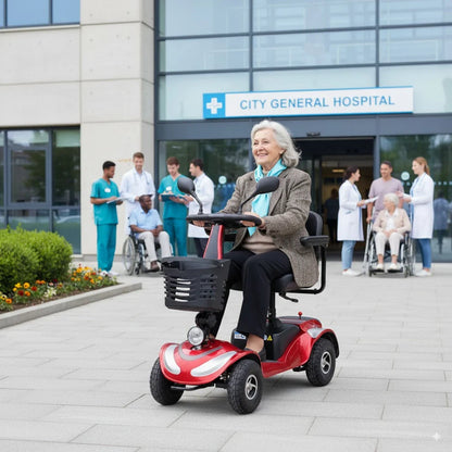 Izdelek na sliki je električni mobilni voziček, model Eco Speed Senior. Na sliki vidimo starejšo žensko, ki se vozi na rdečem vozičku pred bolnišnico. V ozadju so zdravstveni delavci in drugi pacienti, kar nakazuje, da je voziček primeren za uporabo v zdravstvenih ustanovah in za pomoč starejšim osebam pri premikanju.