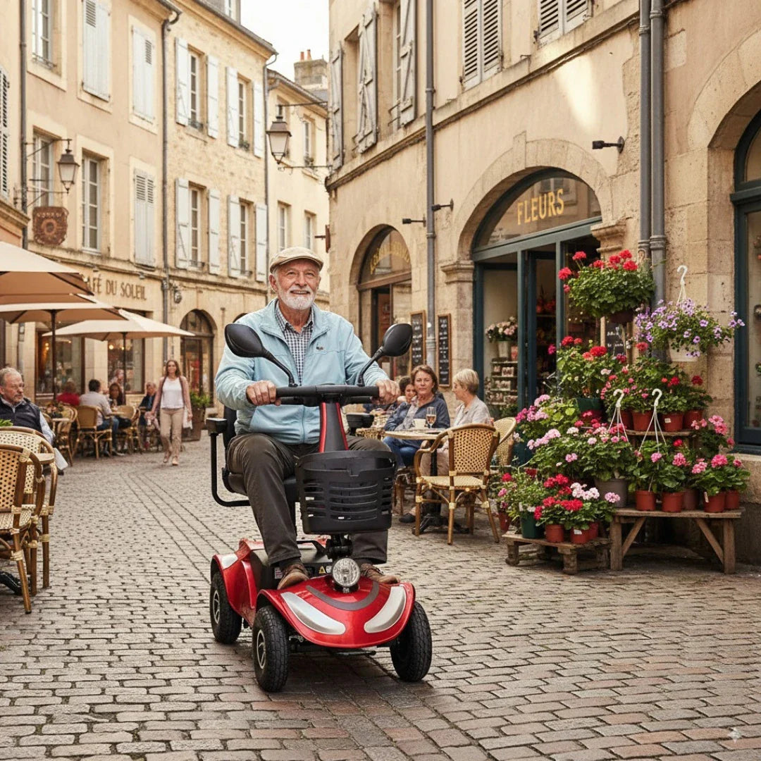 Izdelek na sliki je električni mobilni voziček, model Eco Speed Senior. Na sliki vidimo starejšega moškega, ki vozi voziček po slikoviti ulici, obdani s kavarniškimi stoli in cvetličnimi aranžmaji. Voziček je rdeče barve, ima udobno sedežno mesto in je zasnovan za enostavno premikanje po mestnih površinah. V ozadju so vidni ljudje, ki uživajo v druženju.