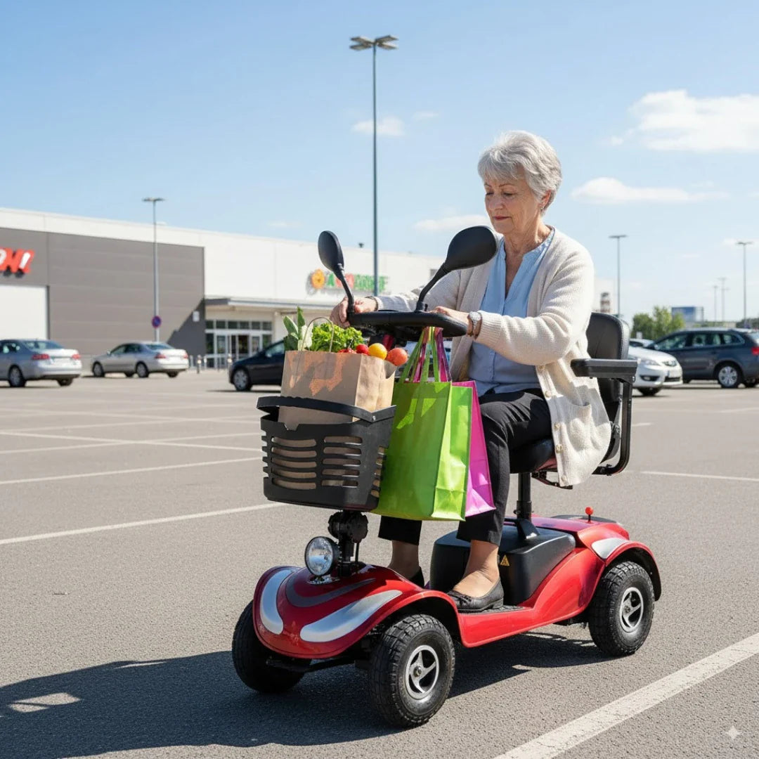 Na sliki je električni mobilni voziček, model Eco Speed Senior. Izdelek je zasnovan za pomoč starejšim pri premikanju, kar omogoča udobno vožnjo po parkirišču. Na vozičku je vidna starejša ženska, ki vozi voziček in ima v košari ter vrečkah nakupe, kar kaže na njegovo praktičnost za vsakodnevne opravke. Voziček je rdeče barve in ima udobno sedežno mesto ter krmilo.