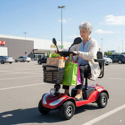 Na sliki je električni mobilni voziček, model Eco Speed Senior. Izdelek je zasnovan za pomoč starejšim pri premikanju, kar omogoča udobno vožnjo po parkirišču. Na vozičku je vidna starejša ženska, ki vozi voziček in ima v košari ter vrečkah nakupe, kar kaže na njegovo praktičnost za vsakodnevne opravke. Voziček je rdeče barve in ima udobno sedežno mesto ter krmilo.