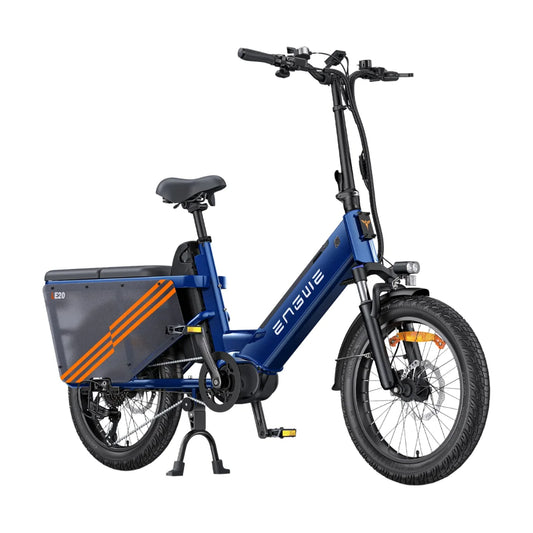 Electric Bike Engwe Le20 features a compact design, blue frame, front suspension, and a cargo box.