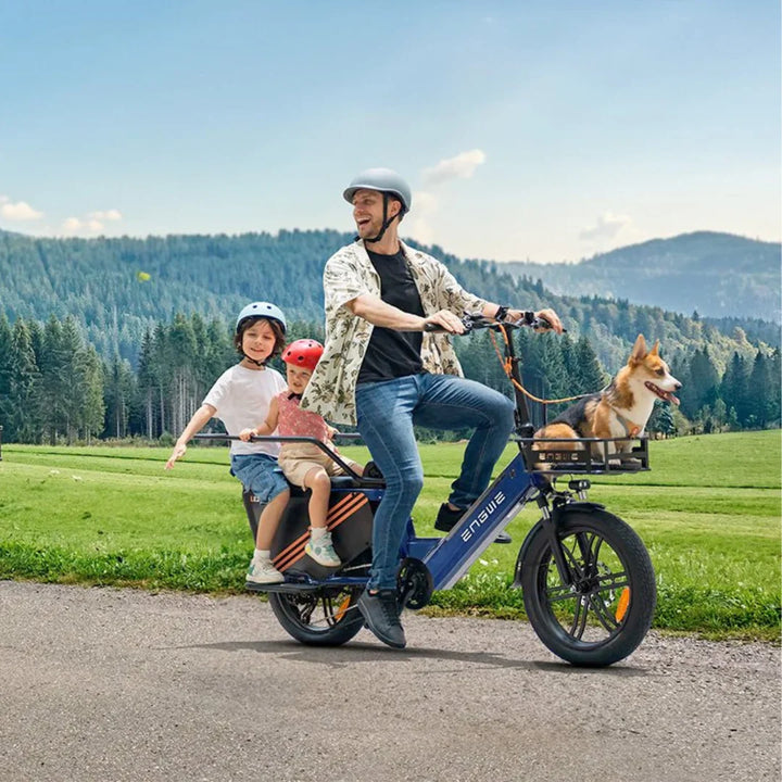 Electric Bike Engwe Le20 features a blue frame, accommodating two kids and a dog, perfect for family rides.