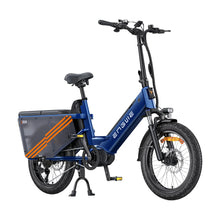 Izdelek na sliki je električno kolo, znamke Engwe, model E20. Kolo ima kompakten dizajn, s širokimi pnevmatikami in dodatnim prostorom za prtljago na zadnjem delu. Vidni so tudi krmilo, sedež in pedala, kar nakazuje na funkcionalnost in udobje pri vožnji. Barvna kombinacija modre in oranžne dodaja sodoben videz.