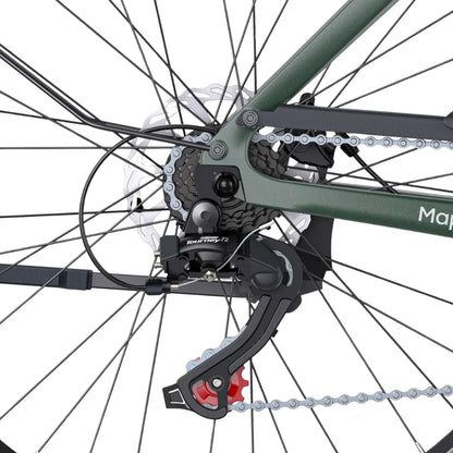 Izdelek je električno kolo, znamke Engwe, model Mapfour N1 Air. Na sliki je prikazan del zadnjega kolesa, ki vključuje verižnik, menjalnik in zavorni disk. Barva okvirja je temno zelena, kar daje kolesu sodoben in športen videz. Vidni so tudi detajli verige in menjalnika, kar nakazuje na kakovostno izdelavo in funkcionalnost.