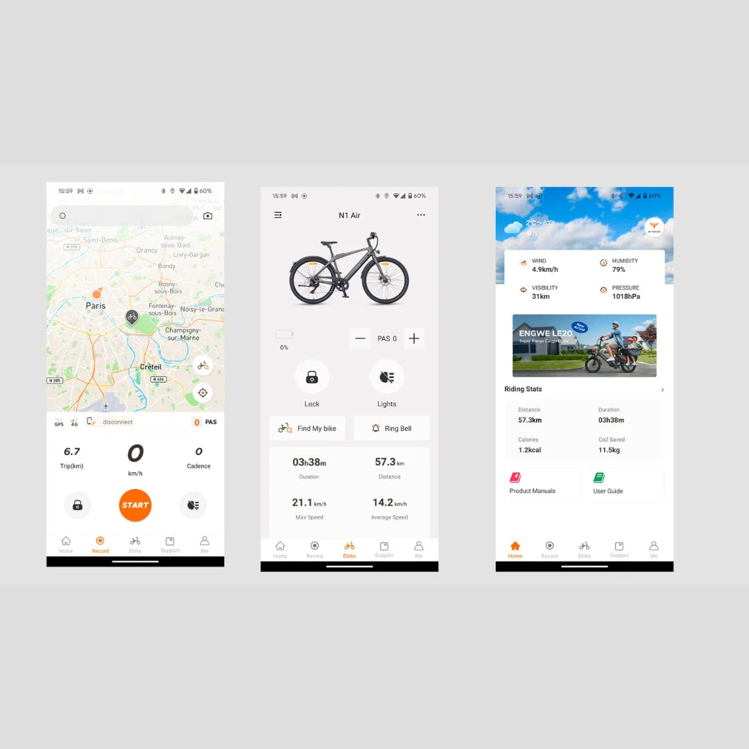 Posnetki zaslona aplikacije Engwe Mapfour N1 Air, ki prikazujejo statistiko kolesa in poti na zemljevidu.