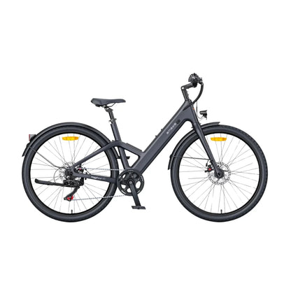 Na sliki je električno kolo znamke Engwe, model MapFour N1. Kolo ima moderno obliko in je opremljeno z diskastimi zavorami ter širokimi pnevmatikami, kar zagotavlja dobro stabilnost in udobje pri vožnji. Barva kolesa je temno siva, kar mu daje eleganten videz. Vidni so tudi elementi, kot so sedež, krmilo in pedala.