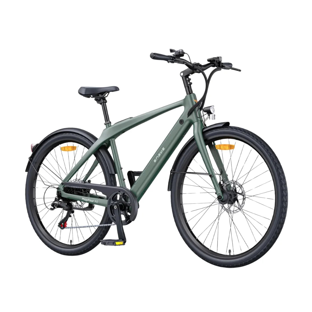 Izdelek je električno kolo znamke Engwe, model MapFour N1. Na sliki je prikazano kolo v zeleni barvi, ki ima široke pnevmatike in udoben sedež. Na sprednjem delu kolesa je vidna lučka, na zadnjem delu pa so odsevniki za večjo varnost. Kolo ima tudi športen in eleganten dizajn, kar ga naredi primerno za mestno vožnjo.