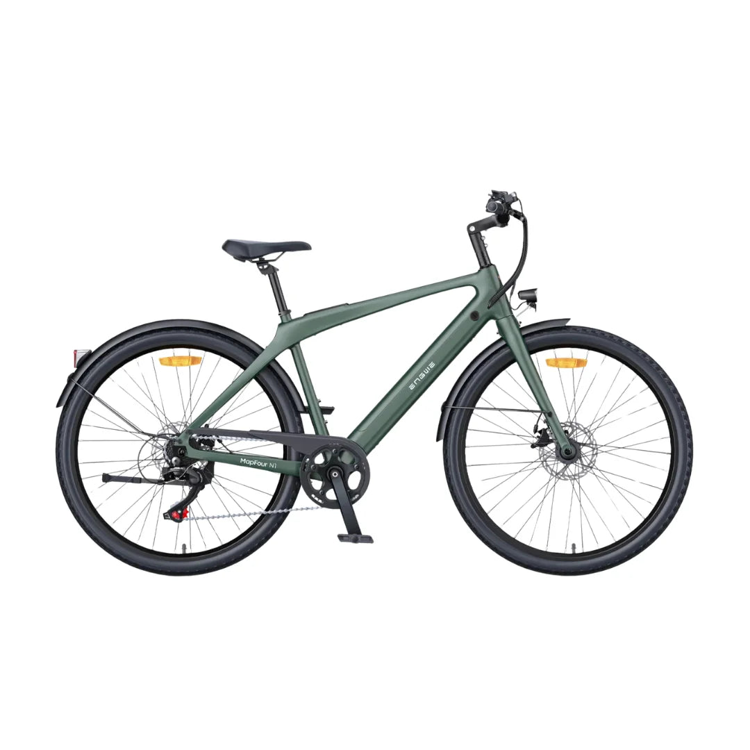 Izdelek je električno kolo znamke Engwe, model Mapfour N1. Na sliki je prikazano kolo v temno zeleni barvi, ki ima široke pnevmatike, udoben sedež ter prednje in zadnje zavore. Kolo je zasnovano za mestno vožnjo in vključuje tudi dodatke, kot so blatniki.