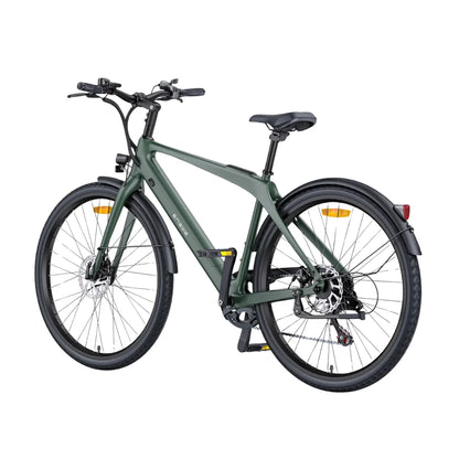 Izdelek je električno kolo, znamke Engwe, model Mapfour N1 Air. Na sliki je vidno kolo v temno zeleni barvi, s športnim dizajnom in udobnim sedežem. Ima široke pnevmatike, sprednje in zadnje zavore ter dodatke, kot so blatniki in odsevni elementi za večjo varnost. Kolo je zasnovano za udobno vožnjo po različnih terenih.