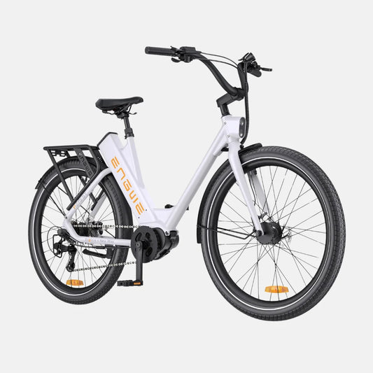 Product title: Electric Bike Engwe P275 St. Compact electric bike features a sleek white frame, comfortable design, and robust tires.