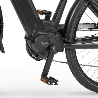 Izdelek je električno kolo znamke Ecobike, model LX 100. Na sliki je prikazan del kolesa, kjer je nameščen električni motor Bafang M210, pedal in veriga. Kolo ima tudi zaščitne blatnike ter kakovostne pnevmatike, kar nakazuje na funkcionalnost in udobje med vožnjo.