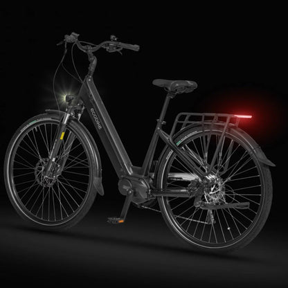 Izdelek je električno kolo znamke Ecobike, model LX 100. Na sliki je prikazano kolo s temno barvo, opremljeno s sprednjim in zadnjim lučjo ter nosilcem za prtljago. Kolo ima udoben sedež in široke pnevmatike, kar nakazuje na udobno vožnjo.