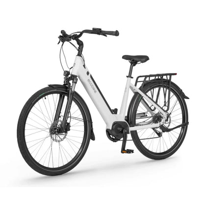Izdelek na sliki je električno kolo znamke Ecobike, model LX 100. Kolo ima moderno obliko in je opremljeno z električnim motorjem, kar omogoča lažje premagovanje daljših razdalj. Na sliki so vidni sprednji in zadnji kolesi, krmilo ter nosilec za prtljago na zadnjem delu. Kolo je bele barve z elegantnimi oblikami in dodatki, ki zagotavljajo udobno vožnjo.