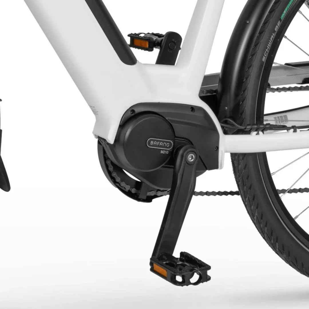 Izdelek na sliki je električno kolo, znamke Ecobike, model LX 100. Na sliki je prikazan del kolesa, kjer je nameščen električni motor Bafang M210, ki je vgrajen v okvir. Vidni so tudi pedal in del verige, kar nakazuje na funkcionalnost kolesa. Kolo ima sodoben dizajn in je primerno za mestno vožnjo.