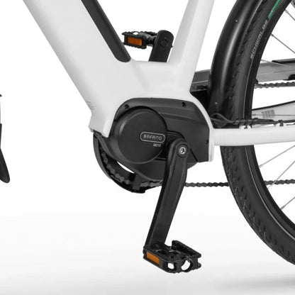 Izdelek na sliki je električno kolo, znamke Ecobike, model LX 100. Na sliki je prikazan del kolesa, kjer je nameščen električni motor Bafang M210, ki je vgrajen v okvir. Vidni so tudi pedal in del verige, kar nakazuje na funkcionalnost kolesa. Kolo ima sodoben dizajn in je primerno za mestno vožnjo.