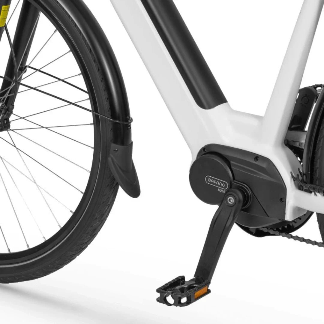 Izdelek je električno kolo, znamke Ecobike, model LX 100. Na sliki je prikazan del kolesa, kjer je vidna motorna enota Bafang, pedal in del okvirja. Kolo ima črne platišča in zaščito pred blatom, kar nakazuje na praktično uporabo v različnih vremenskih razmerah.