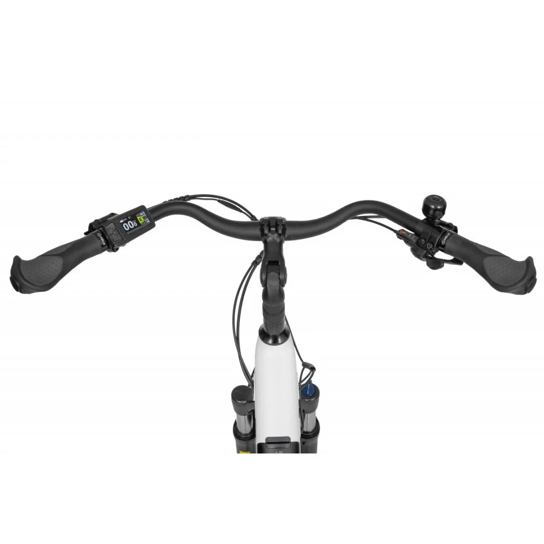 Izdelek je električno kolo, znamke Ecobike, model LX 100. Na sliki so vidni krmili in nadzorna plošča, ki prikazuje informacije o hitrosti in stanju baterije. Kolo ima ergonomske ročaje in dodatke, kot so zvonec in ročica za prestavljanje.