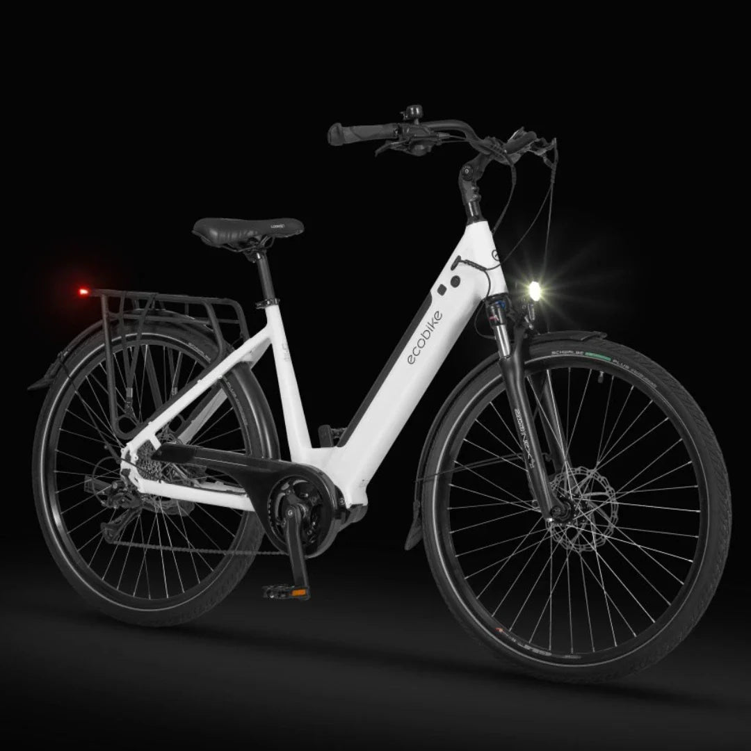 Izdelek je električno kolo znamke Ecobike, model LX 100. Na sliki je prikazano kolo v beli barvi s črnimi detajli. Ima nizko prečko za lažji dostop, široke pnevmatike in disk zavore. Vidna sta tudi sprednja luč in zadnja odsevnica, kar nakazuje na varno vožnjo v slabših svetlobnih pogojih. Kolo ima tudi prtljažnik na zadnjem delu.