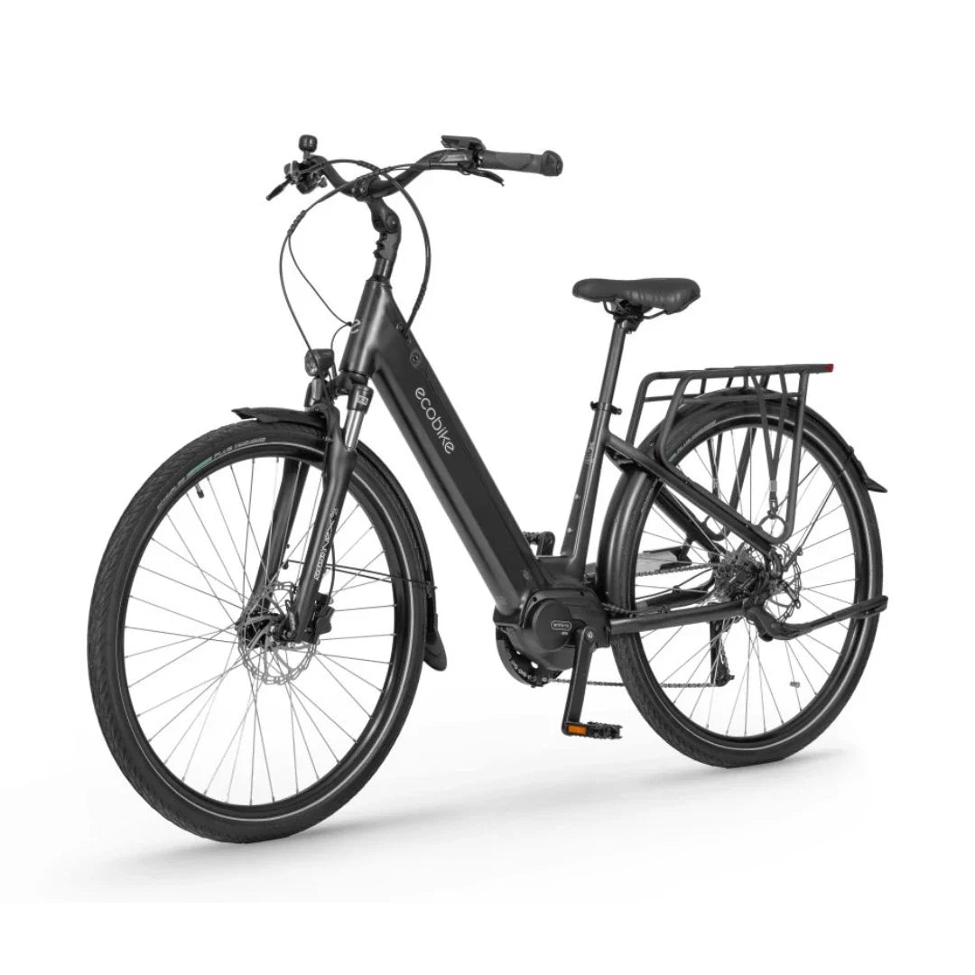 Izdelek na sliki je električno kolo znamke Ecobike, model LX 100. Kolo ima črno barvo in je zasnovano za udobno vožnjo, kar je razvidno iz širokega sedeža in ergonomskega krmila. Opremljeno je z nosilcem za prtljago na zadnjem delu ter diskastimi zavorami, kar zagotavlja varno ustavljanje.