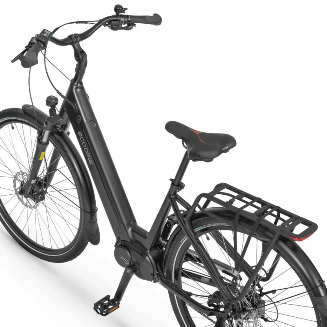 Izdelek je električno kolo znamke Ecobike, model LX 100. Na sliki je vidno kolo s črnim okvirjem, širokimi pnevmatikami in udobnim sedežem. Ima tudi zadnji prtljažnik, kar omogoča prevoz dodatne opreme. Na krmilu je prikazovalnik, ki verjetno prikazuje podatke o hitrosti in stanju baterije.