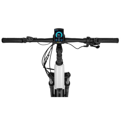 Izdelek je električno kolo znamke Ecobike, model LX300. Na sliki je prikazan nadzorni panel in krmilo kolesa. Vidna sta digitalni zaslon, ki prikazuje hitrost in druge podatke, ter ročaji za upravljanje. Kolo ima tudi kablovje, ki je urejeno ob okvirju.