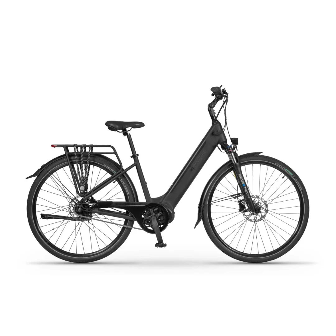 Izdelek je električno kolo znamke Ecobike, model LX. Na sliki je vidno kolo s črnim okvirjem, nizkim prečnim članom za lažji dostop, ter udobnim sedežem. Ima sprednji in zadnji disk zavore ter nosilec za prtljago na zadnjem delu. Kolo je zasnovano za udobno vožnjo po mestnih in podeželskih poteh.