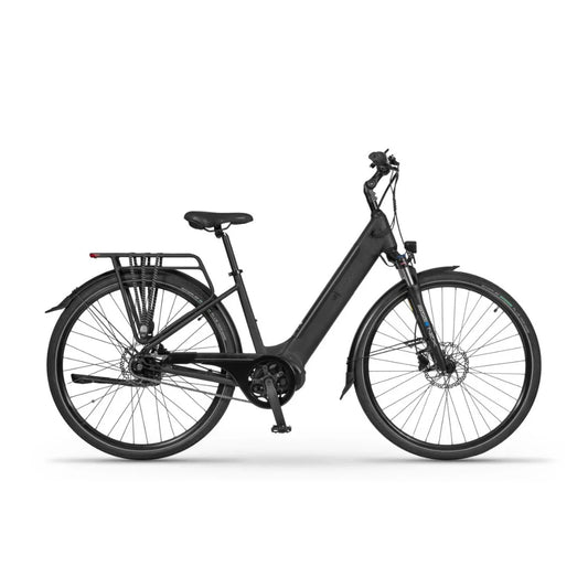 Izdelek je električno kolo znamke Ecobike, model LX. Na sliki je vidno kolo s črnim okvirjem, nizkim prečnim članom za lažji dostop, ter udobnim sedežem. Ima sprednji in zadnji disk zavore ter nosilec za prtljago na zadnjem delu. Kolo je zasnovano za udobno vožnjo po mestnih in podeželskih poteh.