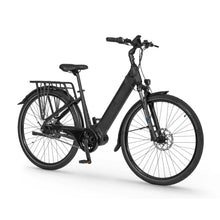 Electric Bike Ecobike Lx, sleek black design, step-through frame, disc brakes, and rear cargo rack.