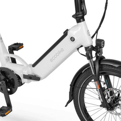 Izdelek na sliki je električno kolo znamke Ecobike, model Rhino Cruise. Na sliki je vidna bela okvirna konstrukcija, ki vključuje električni motor, pedalne enote in sprednje vzmetenje. Kolo ima tudi sprednje luči in široke pnevmatike, kar nakazuje na udobno vožnjo.