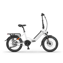 Electric Bike Ecobike Rhino Cruise features a compact design with a sleek white frame, sturdy tires, and a rear rack.