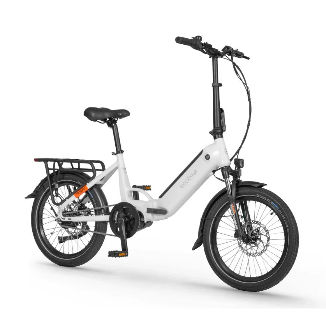Izdelek je električno kolo znamke Ecobike, model Rhino Cruise. Na sliki je vidno kompaktno kolo z nizkim okvirjem, kar olajša dostopnost. Ima udobno sedežno mesto, sprednje in zadnje kolo z disk zavorami ter nosilec na zadnjem delu, kar omogoča prevoz dodatne prtljage. Kolo je zasnovano v modernem slogu, prevladuje bela barva.