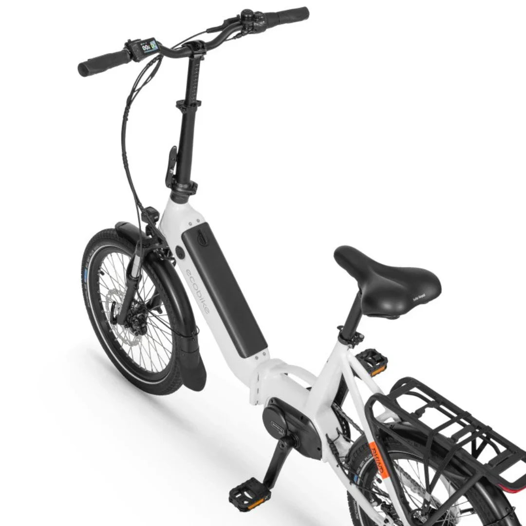 Izdelek na sliki je električno kolo, znamke Ecobike, model Rhino Cruise. Na sliki je prikazana sprednja in zadnja stran kolesa, skupaj z baterijo, krmilom in sedežem. Kolo ima tudi nosilec za prtljago na zadnjem delu, kar omogoča prevoz dodatne opreme. Celoten dizajn je eleganten in sodoben, kar je značilno za električna kolesa.