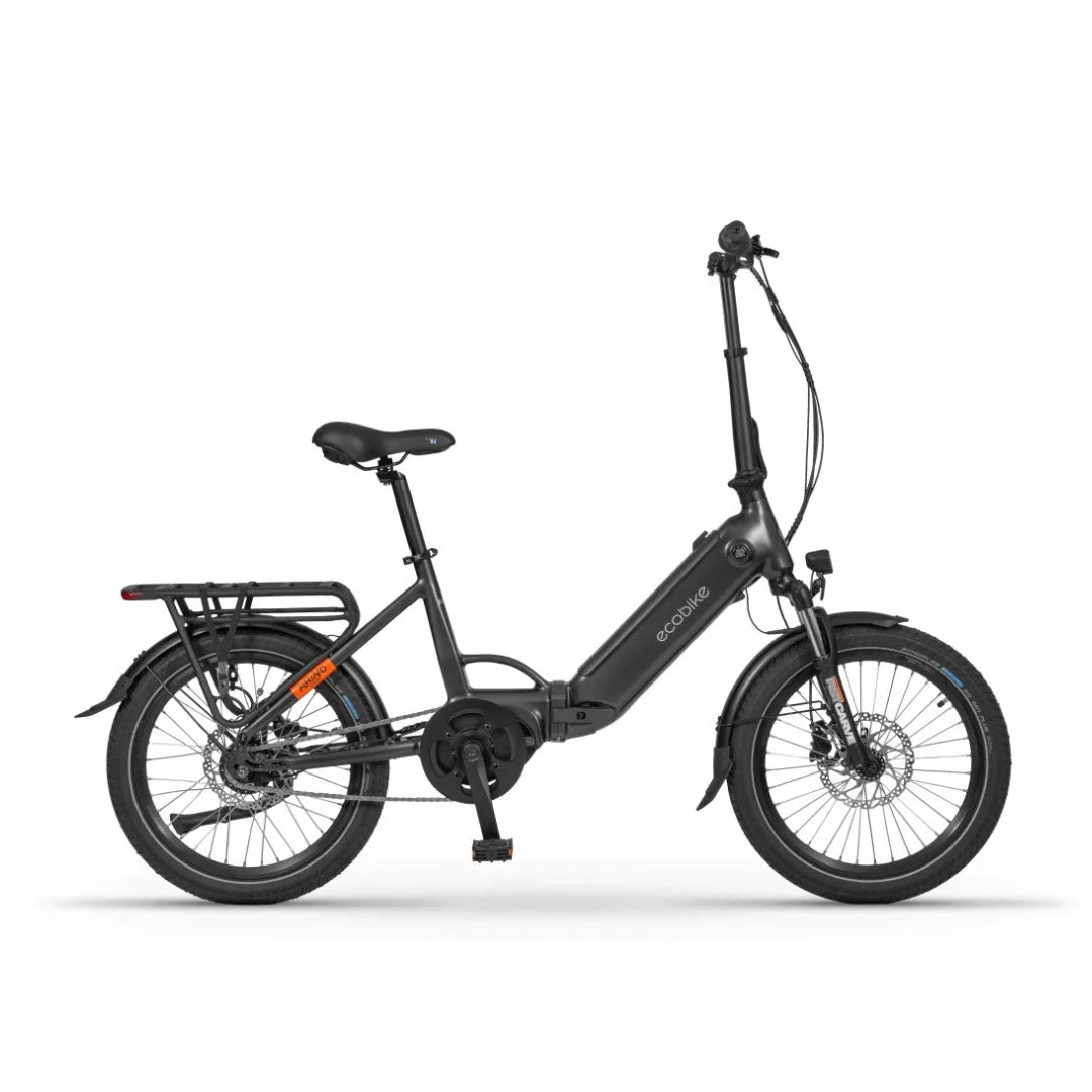Izdelek je električno kolo znamke Ecobike, model Rhino Cruise. Na sliki je prikazano kompaktno električno kolo s preklopnim okvirjem, ki omogoča enostavno shranjevanje. Ima široke pnevmatike, udobno sedežno in nosilec za prtljago na zadnji strani. Kolo je v črni barvi, kar mu daje moderen in minimalističen videz.