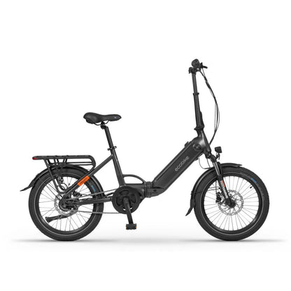 Izdelek je električno kolo znamke Ecobike, model Rhino Cruise. Na sliki je prikazano kompaktno električno kolo s preklopnim okvirjem, ki omogoča enostavno shranjevanje. Ima široke pnevmatike, udobno sedežno in nosilec za prtljago na zadnji strani. Kolo je v črni barvi, kar mu daje moderen in minimalističen videz.
