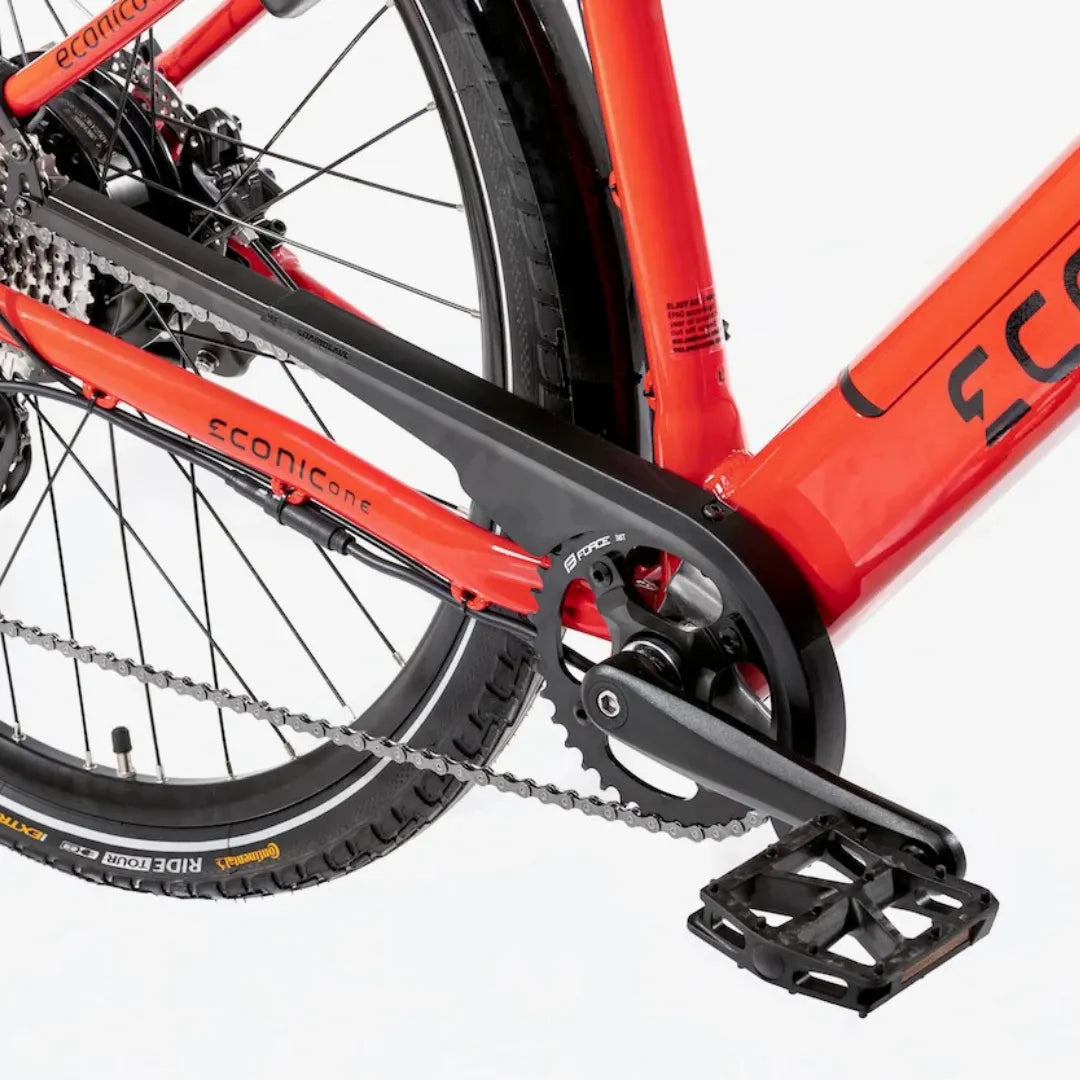 Electric Bike Econic One Smart Urban features a sleek red frame, sturdy pedals, and a modern drivetrain for urban commuting.