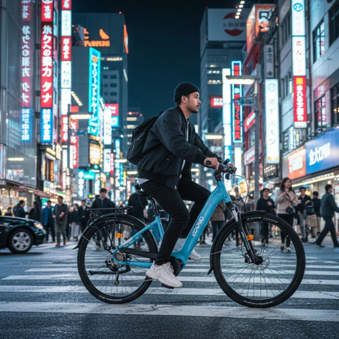 Na sliki je električno kolo znamke Econo, model Mare City EEC4LK. Kolo je modre barve in ima udoben okvir ter široke pnevmatike, kar je primerno za mestno vožnjo. Oseba na kolesu se pelje po prehodu za pešce v mestnem okolju, obdanem z svetlečimi reklamami in živahnim nočnim življenjem.