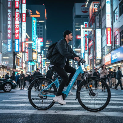 Na sliki je električno kolo znamke Econo, model Mare City EEC4LK. Kolo je modre barve in ima udoben okvir ter široke pnevmatike, kar je primerno za mestno vožnjo. Oseba na kolesu se pelje po prehodu za pešce v mestnem okolju, obdanem z svetlečimi reklamami in živahnim nočnim življenjem.