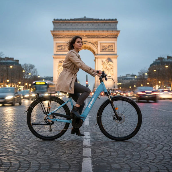 Na sliki je električno kolo znamke Econo, model Mare City EEC4LK. Kolo je v svetlo modri barvi in ima značilno obliko za mestno vožnjo. Oseba na kolesu se nahaja na prometni ulici, v ozadju pa je znan spomenik, Arc de Triomphe, kar daje sliki mestno vzdušje. Osvetlitev je prijetna, kar prispeva k večernemu ambientu.