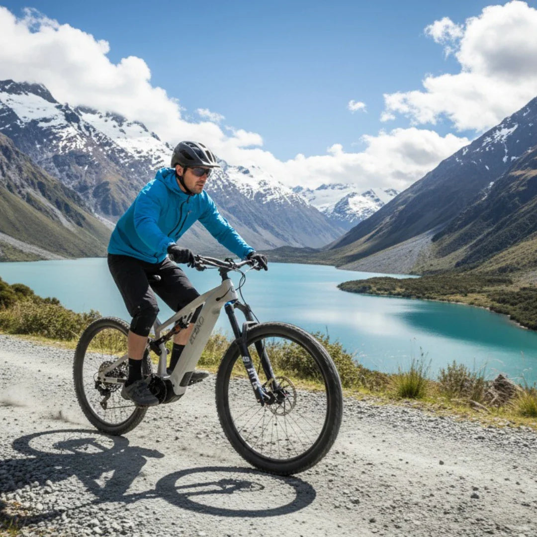 Izdelek na sliki je električno kolo, model Econo Pantera C6 120. Na sliki je moški, ki vozi kolo po makadamski poti ob jezeru, v ozadju pa so visoke gore in modro nebo. Kolesar nosi čelado in športno obleko, kar kaže na aktivno preživljanje prostega časa v naravi.