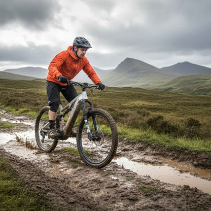 Na sliki je električno kolo, model Econo Pantera C6 120. Vidimo kolesarja, oblečenega v oranžno jakno in čelado, ki vozi po mokri in blatni poti v naravi. V ozadju so hribi pod oblačnim nebom, kar ustvarja dinamično in avanturistično vzdušje. Kolo je zasnovano za terensko vožnjo, kar je razvidno iz širokih gum in robustne konstrukcije.